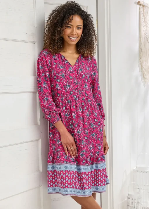 Cotton Traders Fuchsia Print Knee Length Dress