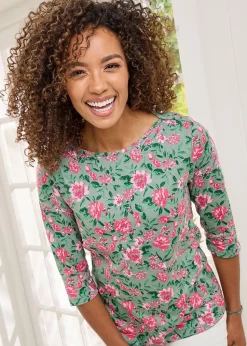 Cotton Traders Green 3/4 Sleeve Boat Neck Printed Top