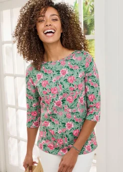 Cotton Traders Green 3/4 Sleeve Boat Neck Printed Top