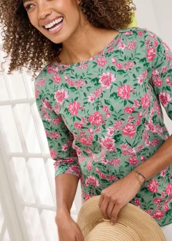 Cotton Traders Green 3/4 Sleeve Boat Neck Printed Top