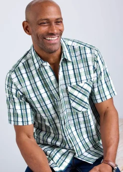 Cotton Traders Green Guinness Short Sleeve Seersucker Check Shirt