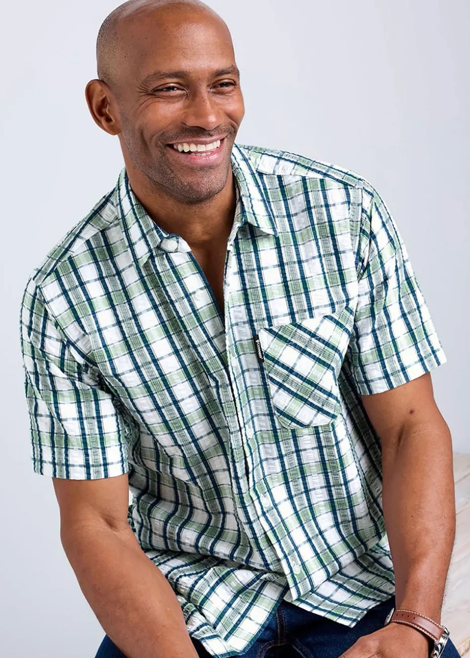Cotton Traders Green Guinness Short Sleeve Seersucker Check Shirt