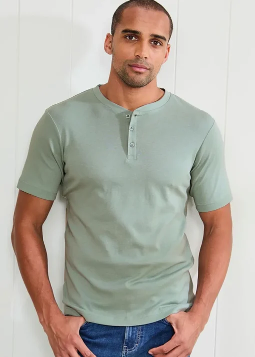 Cotton Traders Green Short Sleeve Grandad Base Layer Top