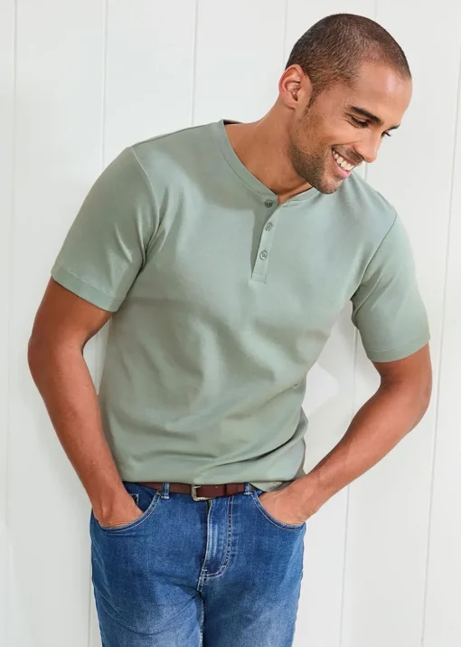 Cotton Traders Green Short Sleeve Grandad Base Layer Top