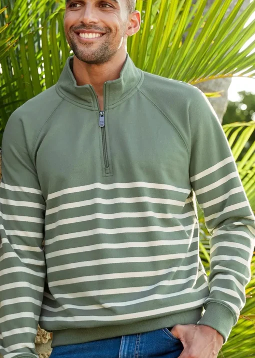Cotton Traders Green Stripe Half Zip Sweatshirt
