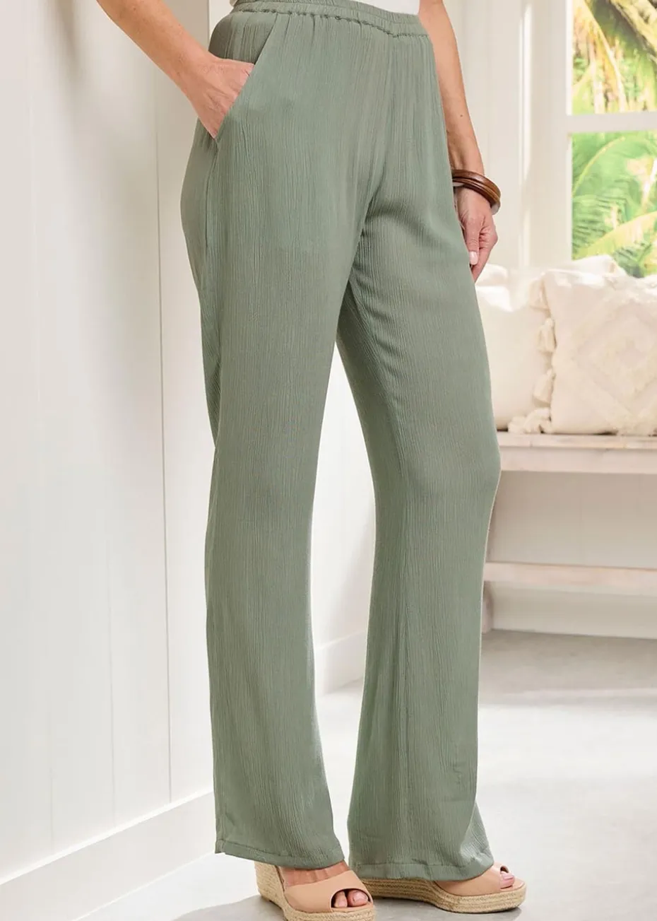 Cotton Traders Grey Green Pull On Crinkle Trousers