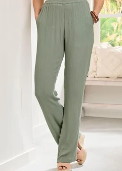 Cotton Traders Grey Green Pull On Crinkle Trousers