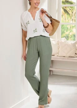 Cotton Traders Grey Green Pull On Crinkle Trousers