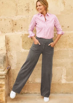 Cotton Traders Grey Stretch Jersey Denim Wide-Leg Pull-On Trousers
