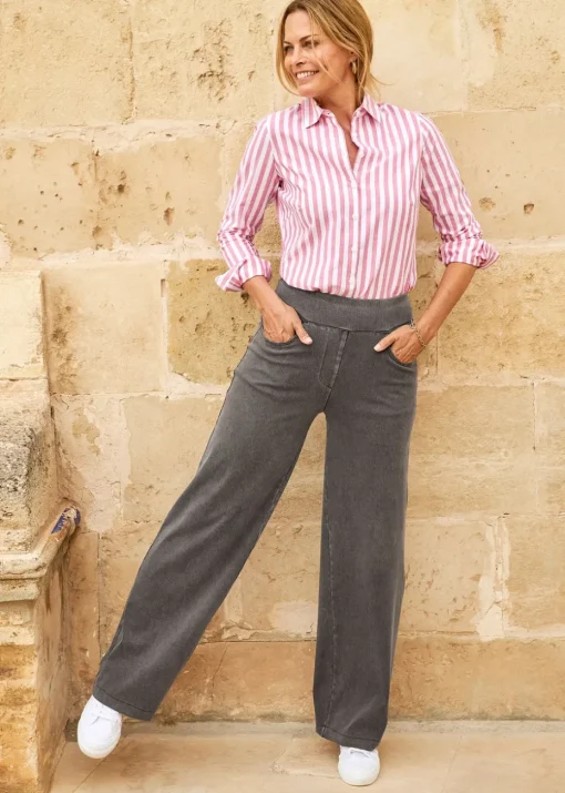 Cotton Traders Grey Stretch Jersey Denim Wide-Leg Pull-On Trousers