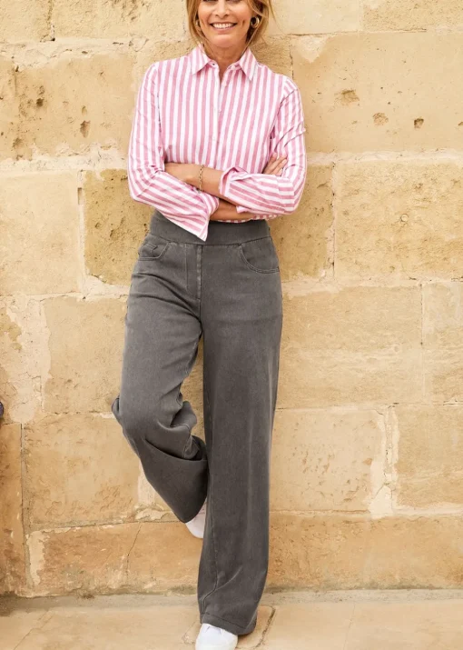 Cotton Traders Grey Stretch Jersey Denim Wide-Leg Pull-On Trousers
