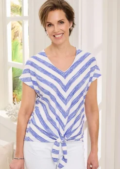 Cotton Traders Indigo Stripe Tie Front Jersey Top