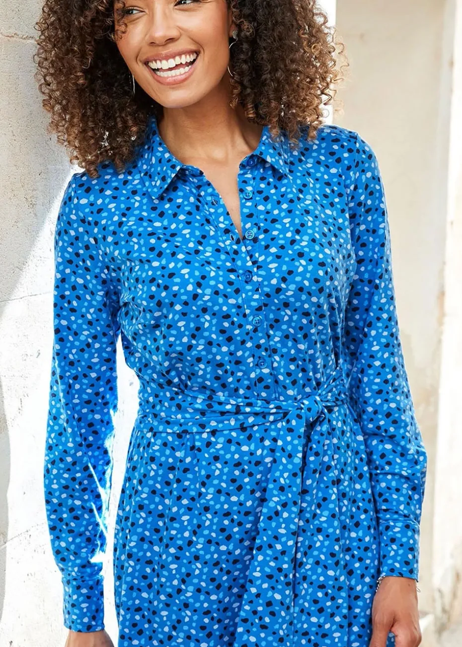 Cotton Traders Ink Blue Print Jersey Midi Shirt Dress