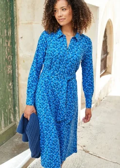 Cotton Traders Ink Blue Print Jersey Midi Shirt Dress