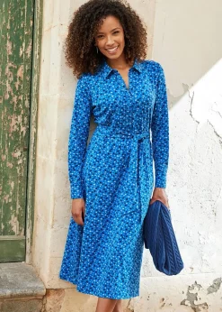 Cotton Traders Ink Blue Print Jersey Midi Shirt Dress