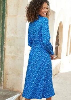 Cotton Traders Ink Blue Print Jersey Midi Shirt Dress