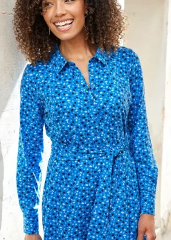 Cotton Traders Ink Blue Print Jersey Midi Shirt Dress