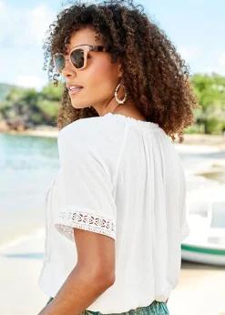 Cotton Traders Ivory Lace Detail Crinkle Top