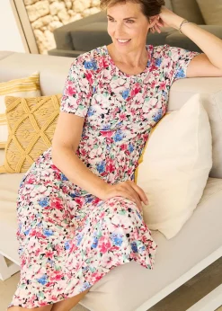 Cotton Traders Ivory Printed Stretch Jersey Midi Dress