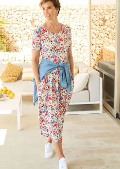 Cotton Traders Ivory Printed Stretch Jersey Midi Dress