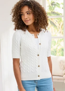 Cotton Traders Ivory Short Sleeve Cable Cardigan