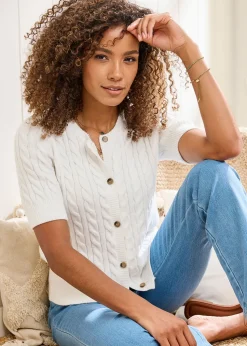 Cotton Traders Ivory Short Sleeve Cable Cardigan