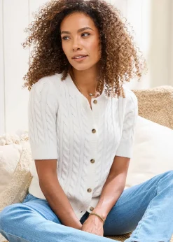 Cotton Traders Ivory Short Sleeve Cable Cardigan
