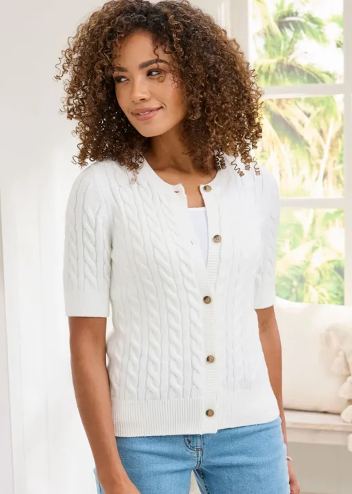 Cotton Traders Ivory Short Sleeve Cable Cardigan