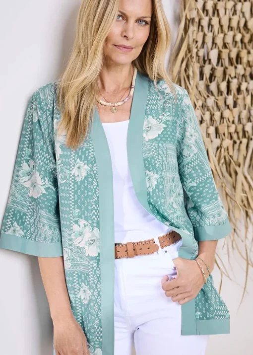 Cotton Traders Jade Green Printed Kimono