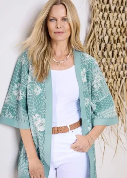 Cotton Traders Jade Green Printed Kimono