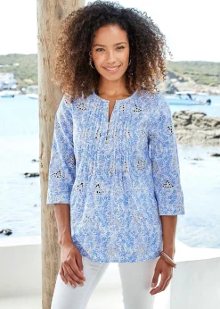 Cotton Traders Lavender Print Broderie Pintuck Blouse