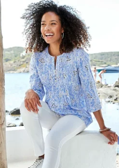 Cotton Traders Lavender Print Broderie Pintuck Blouse