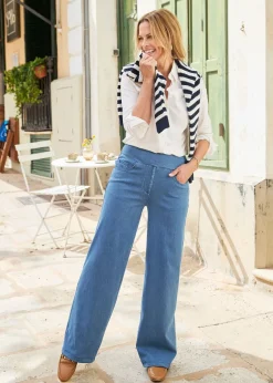 Cotton Traders Light Blue Stretch Jersey Denim Wide-Leg Pull-On Trousers