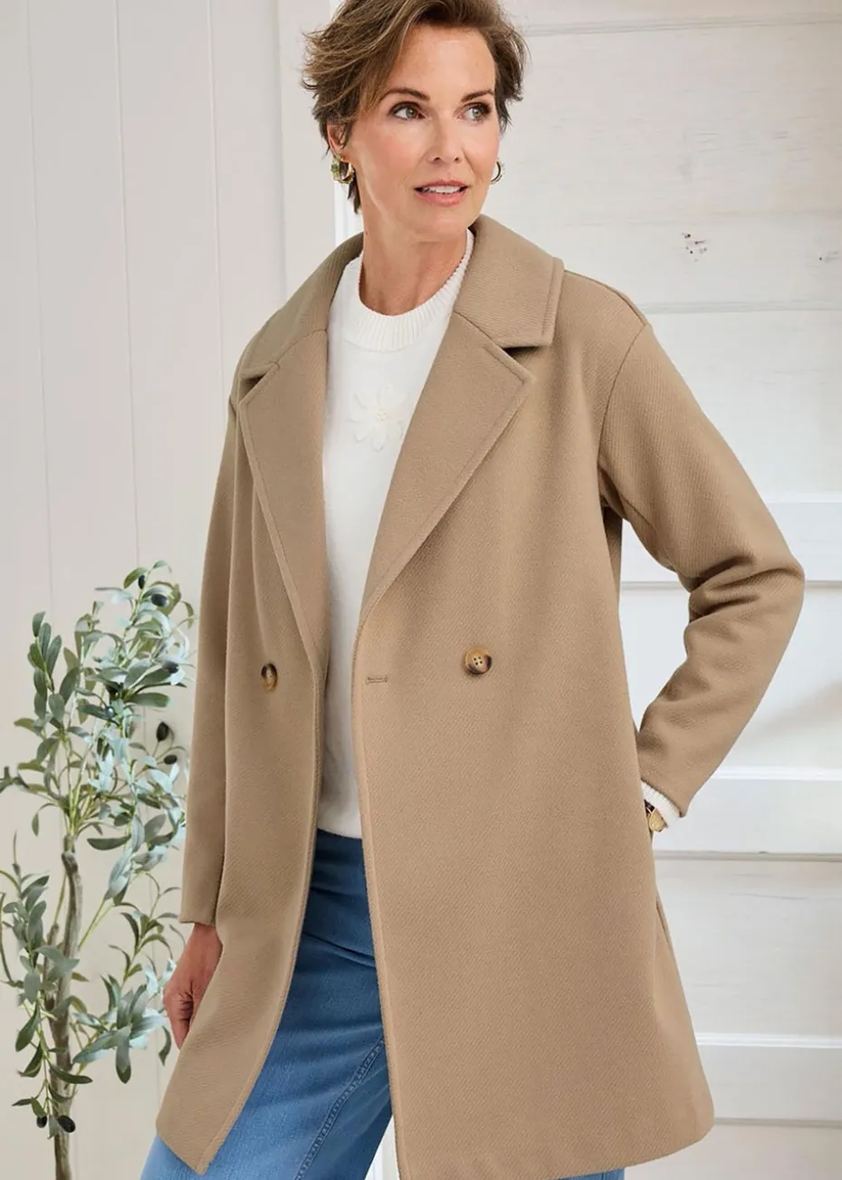 Cotton Traders Light Camel Wool-Look Unlined Double-Breasted Coat