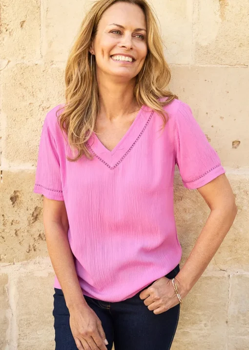 Cotton Traders Light Orchid Crinkle V-Neck Blouse