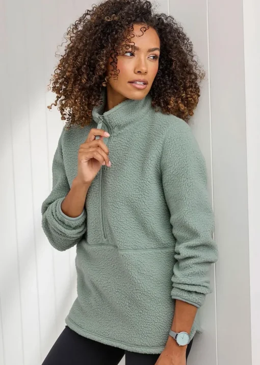 Cotton Traders Light Sage Half-Zip Fleece Jumper
