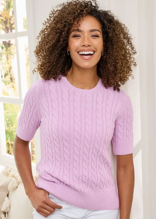Cotton Traders Lilac Pink Short Sleeve Cable Jumper