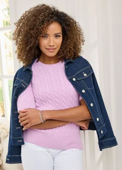 Cotton Traders Lilac Pink Short Sleeve Cable Jumper