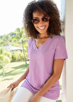 Cotton Traders Lilac Pink Essential Short Sleeve V Neck T-Shirt