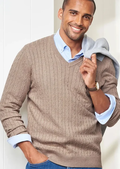 Cotton Traders Linen Cotton V-Neck Cable Jumper