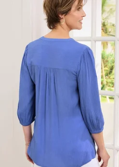 Cotton Traders Midnight Blue 3/4 Sleeve V Neck Crinkle Top