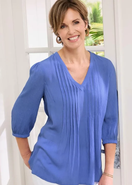 Cotton Traders Midnight Blue 3/4 Sleeve V Neck Crinkle Top