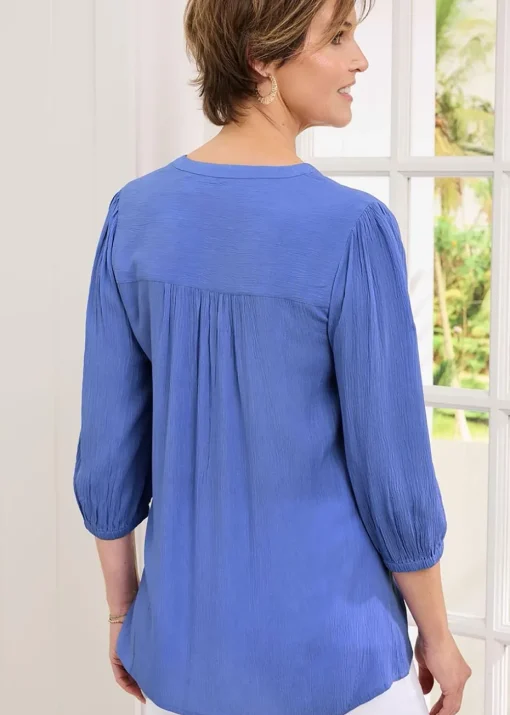 Cotton Traders Midnight Blue 3/4 Sleeve V Neck Crinkle Top