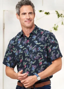 Cotton Traders Midnight Blue  Short Sleeve Soft Touch Print Shirt
