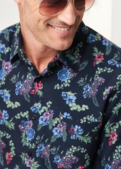 Cotton Traders Midnight Blue  Short Sleeve Soft Touch Print Shirt