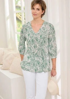 Cotton Traders Mint 3/4 Sleeve V Neck Printed Crinkle Top