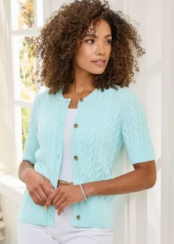 Cotton Traders Mint Short Sleeve Cable Cardigan