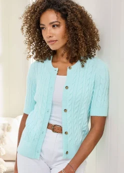 Cotton Traders Mint Short Sleeve Cable Cardigan