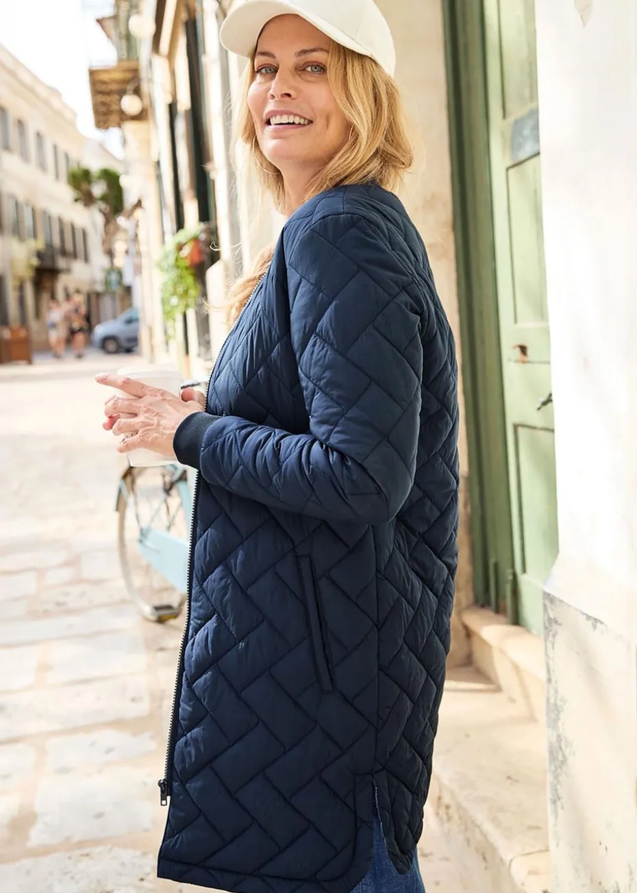Cotton Traders Navy Collarless Quilted Jacket