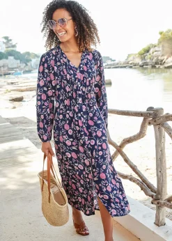 Cotton Traders Navy Pintuck Maxi Dress